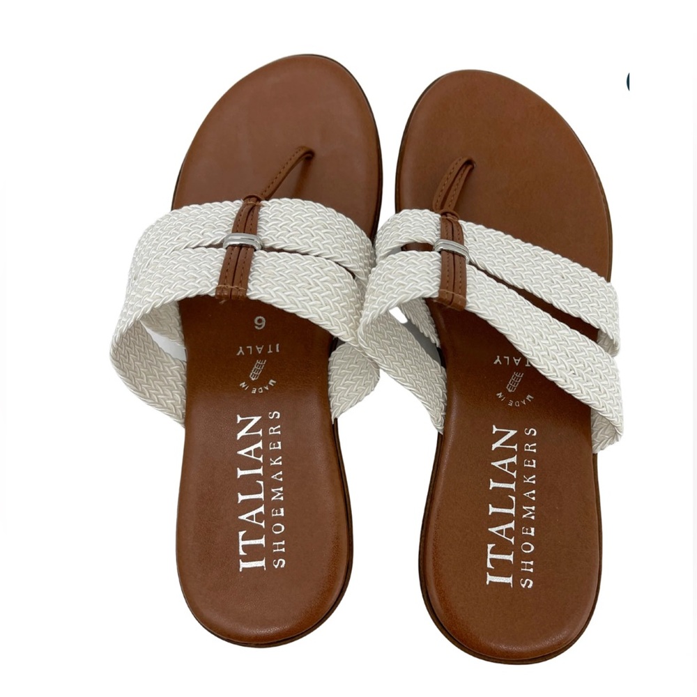 Italian Shoemakers , brown and white crocheted, toe, thong sandals.